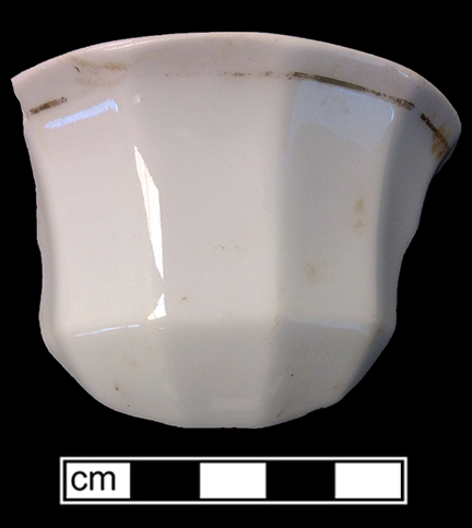 Continental European hard paste porcelain panelled handled cup and saucer with gold gilt rim. Cup rim diameter: 3.75&rdquo;, Saucer rim diameter: 5.50&rdquo;, from 18BC27, Feature 30.